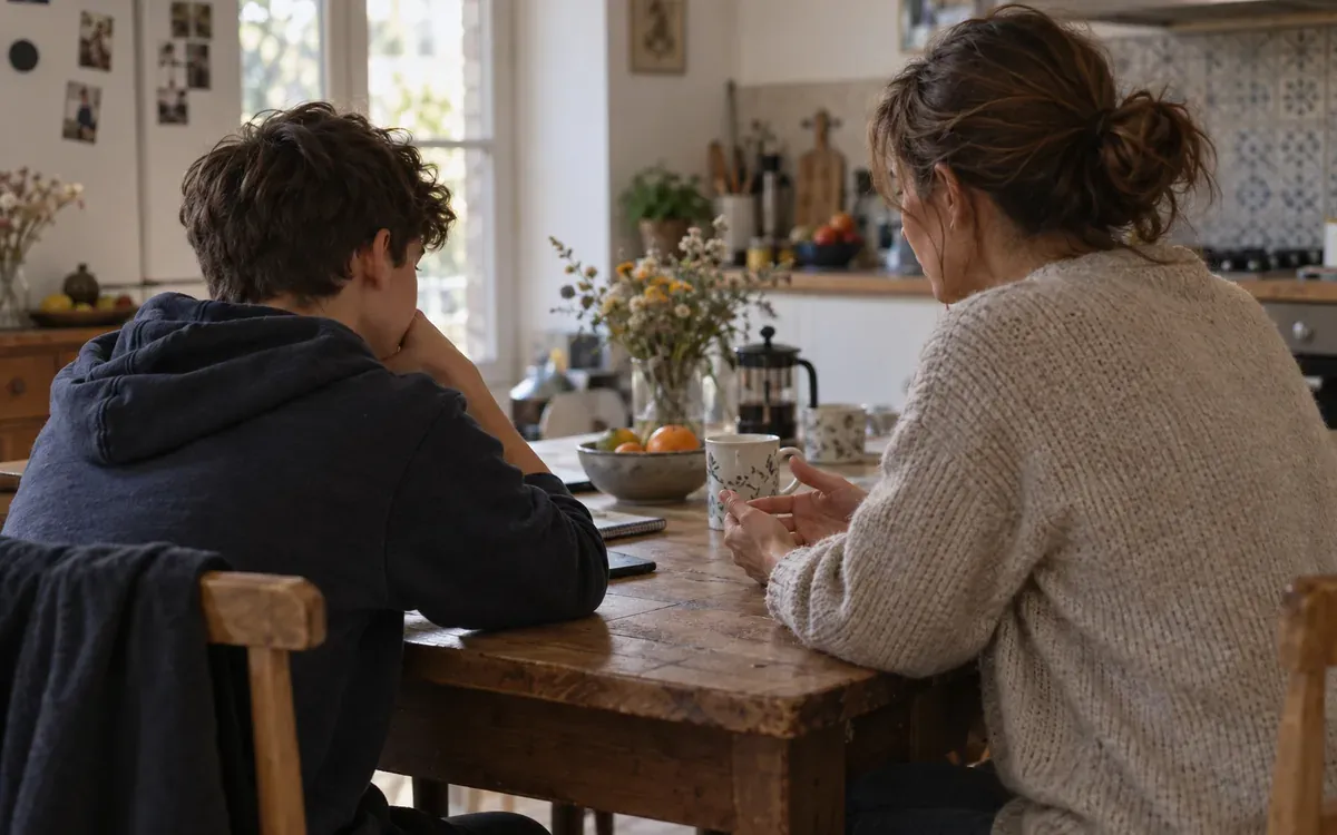 Parent et adolescent discutant dans une cuisine familiale en fin de journée