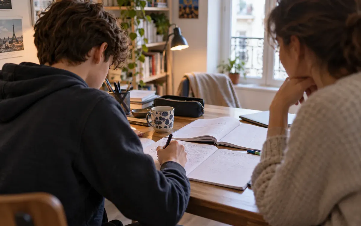 Adolescent travaillant à un bureau, parent assis à côté, cahiers ouverts