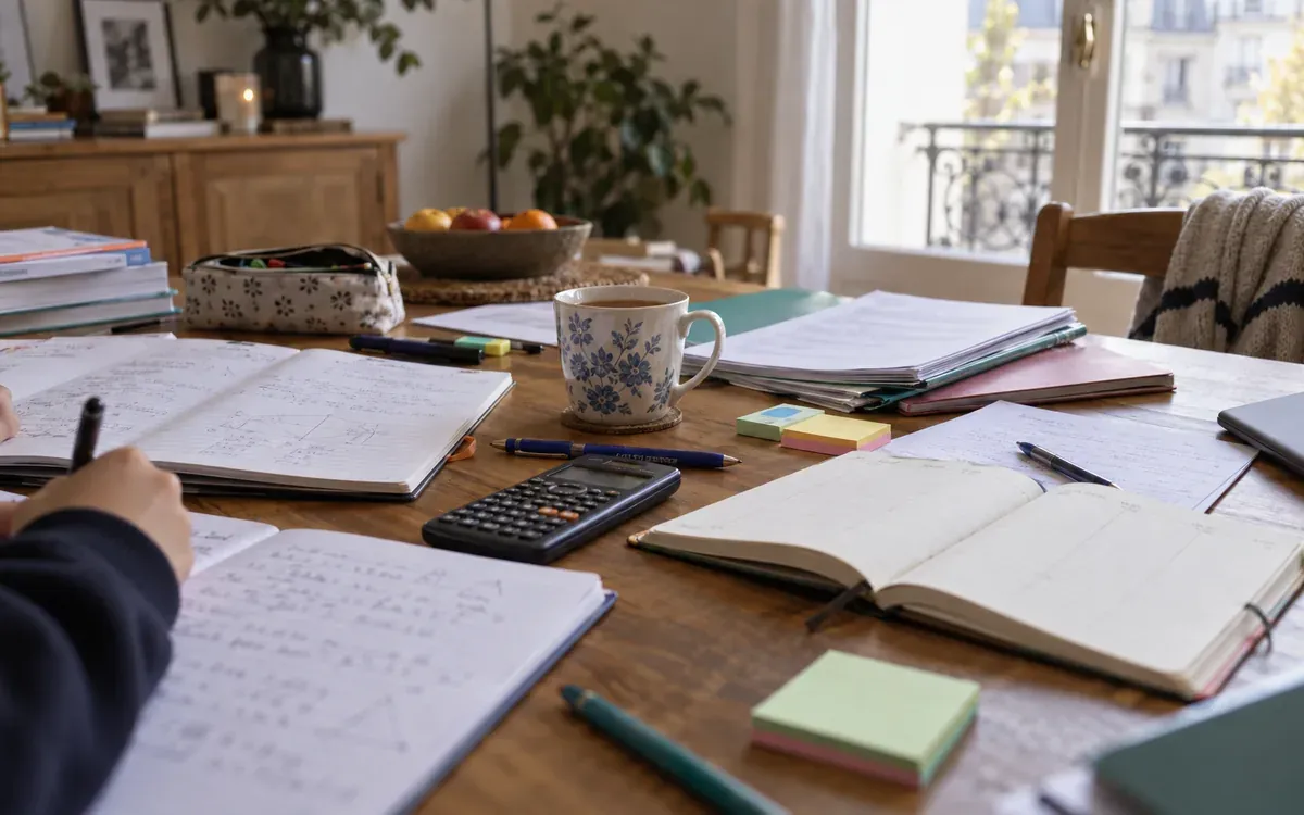 Cahiers de révision et agenda ouverts sur une table familiale