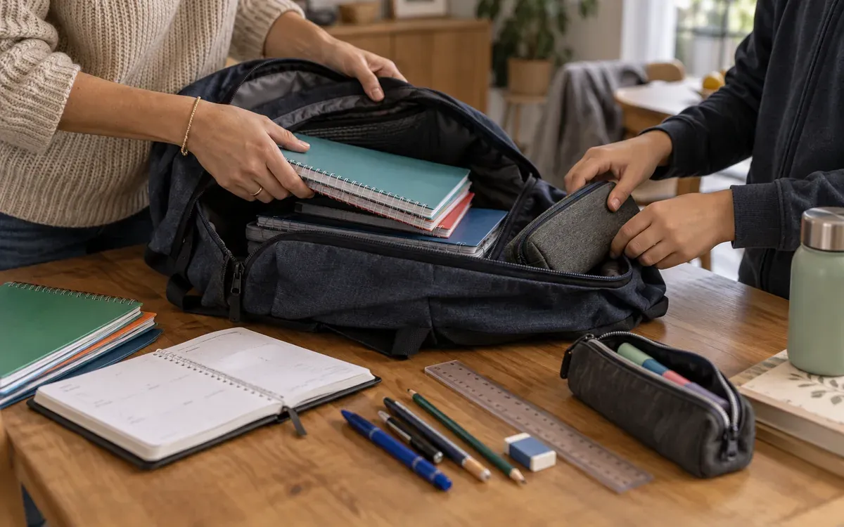 Sac de collégien ouvert sur une table, agenda et cahiers rangés