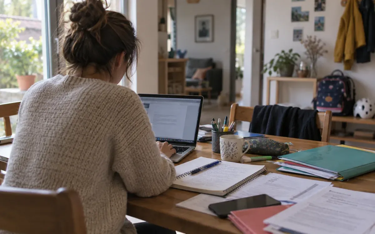 Parent étudiant sur ordinateur avec cahiers à la table familiale