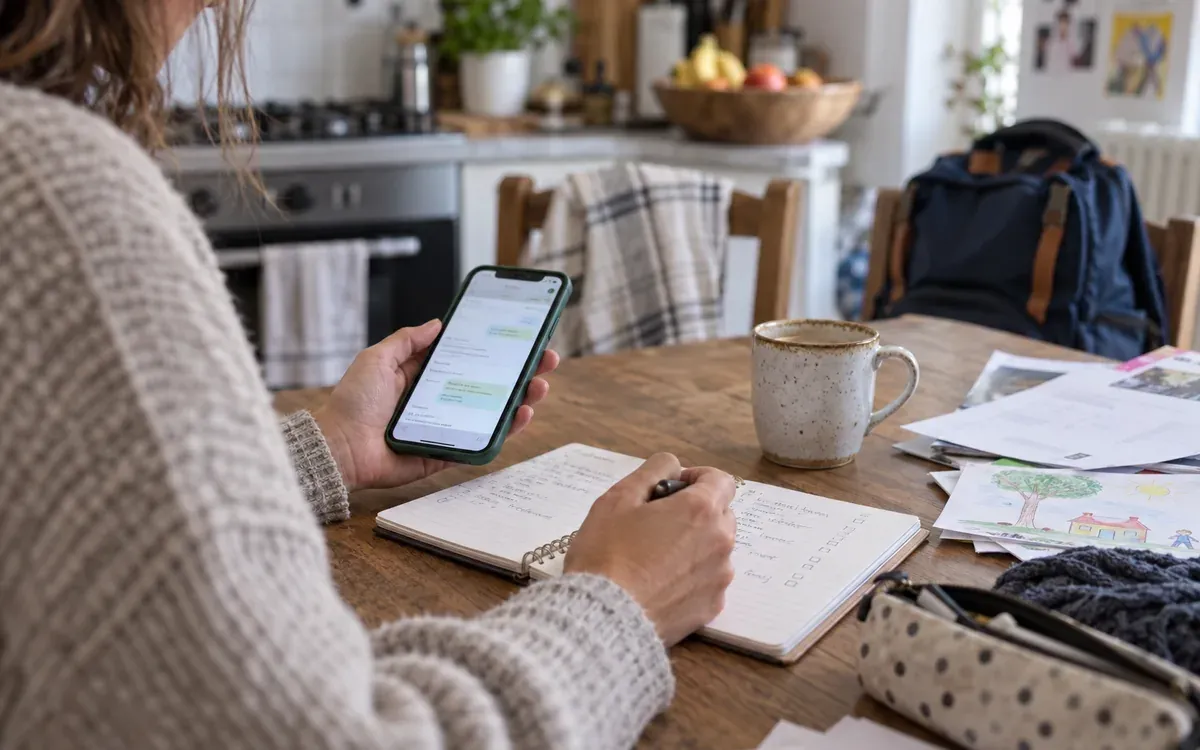 Parent consultant des messages scolaires, carnet de notes ouvert sur une table